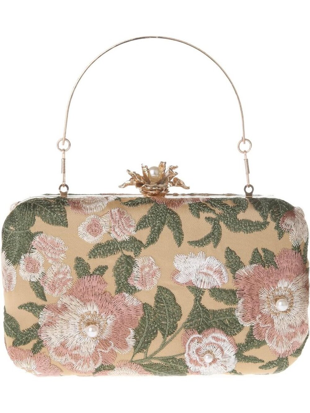 Women's Green Vintage Floral Embroidery Clutch Elegant Pearl Design For Wedding